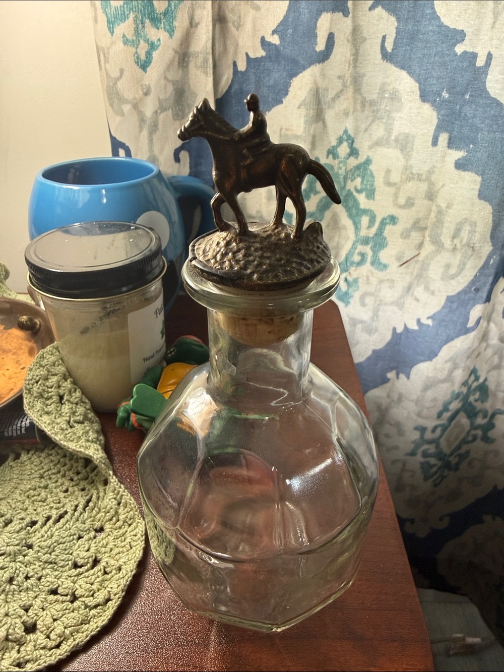 Glass Decanter with Horse and Jockey Stopper - Brown Accent